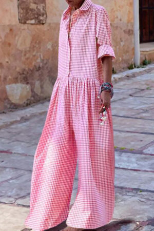 Long Sleeves Loose Buttoned Plaid Pleated Split-Joint Lapel Jumpsuits