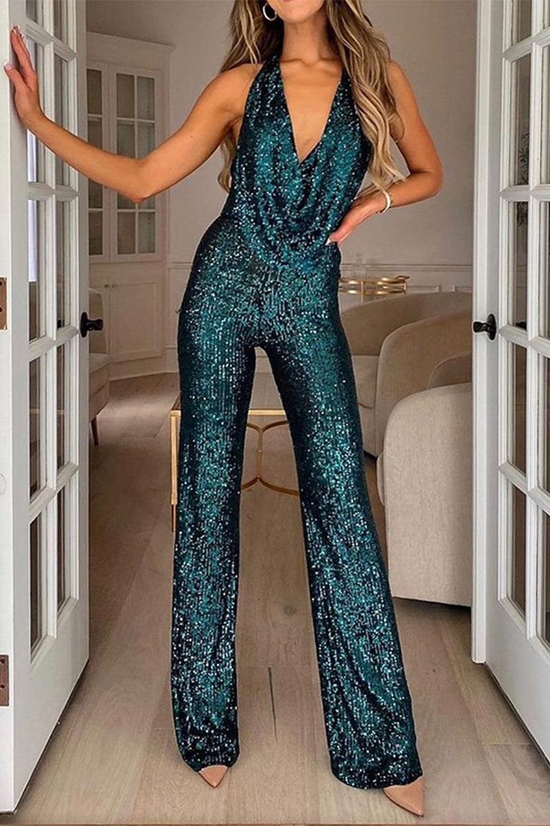 Daily Solid Sequins Halter Boot Cut Jumpsuits(5 Colors) - Image 5