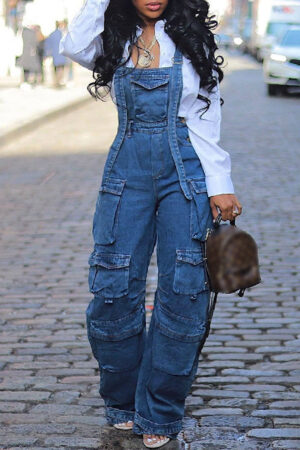 Casual Solid Patchwork Pocket Backless Spaghetti Strap Sleeveless Regular Denim Jumpsuits