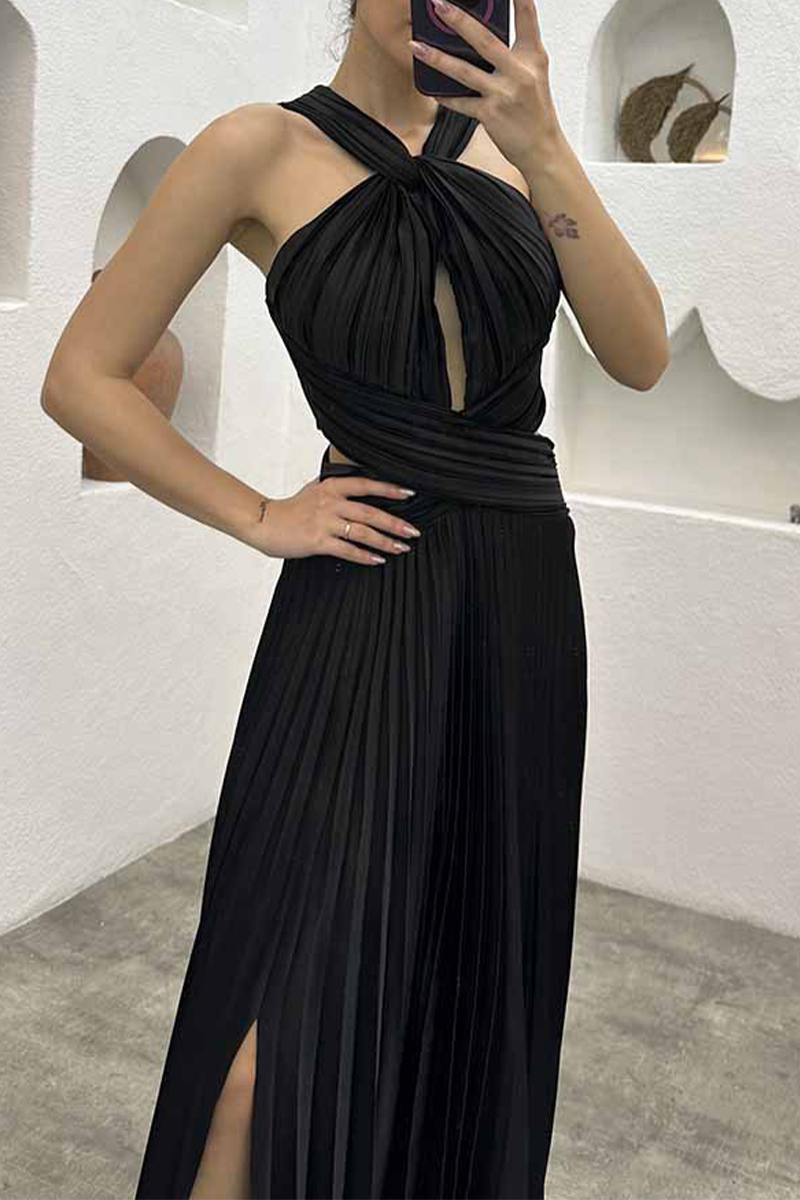 Elegant Solid Fold Halter Evening Dress Dresses - Image 7