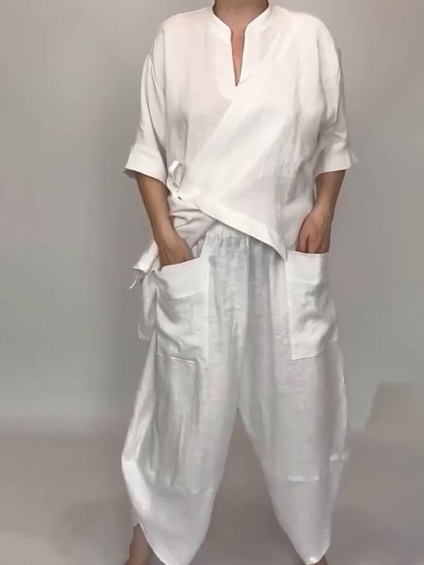 Women Plain Top and Pants Two-pieces Set - Image 2