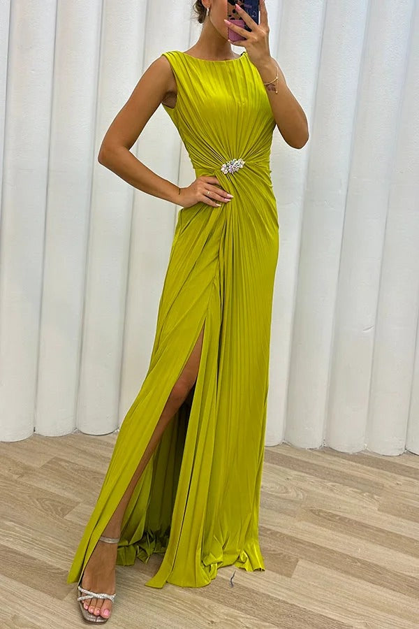 Pretty Special Pleated Embellished Slit Evening Maxi Dress - Image 3