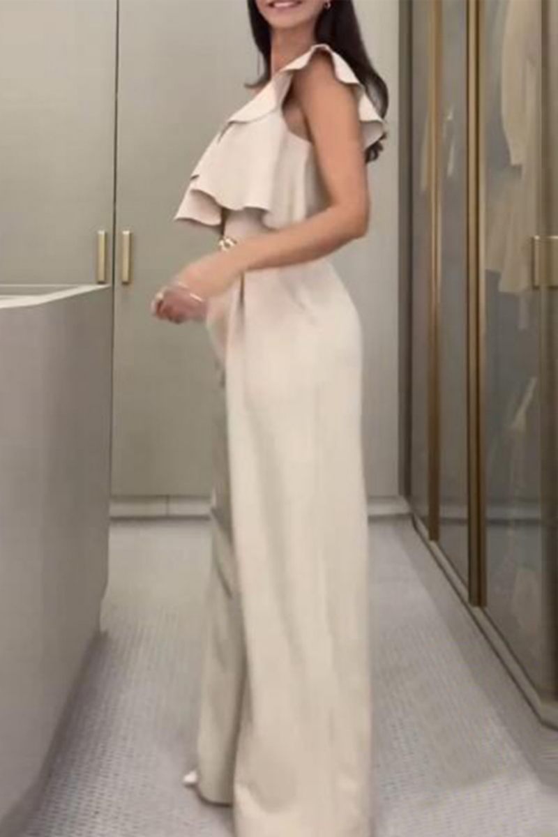 Casual Solid Patchwork Backless Oblique Collar Regular Jumpsuits (Without Belt) - Image 3