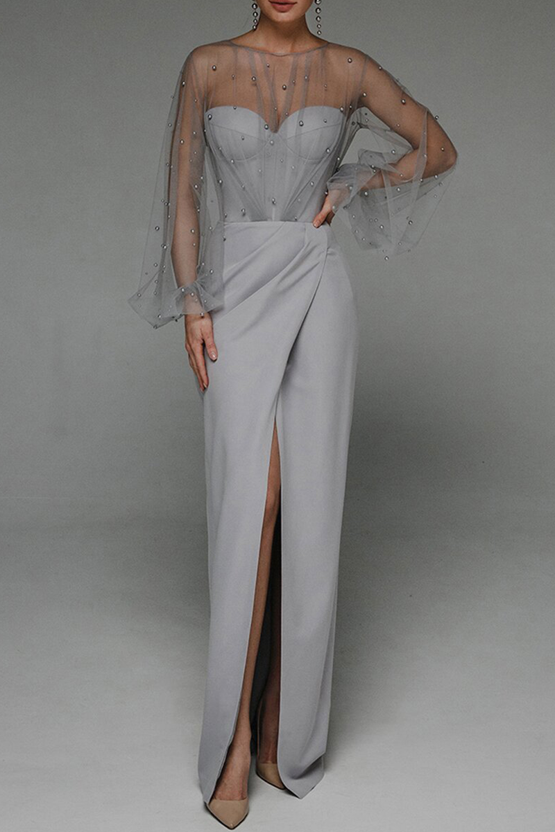 Celebrities Elegant Solid Slit Beading Mesh Strapless Evening Dress Dresses - Image 2