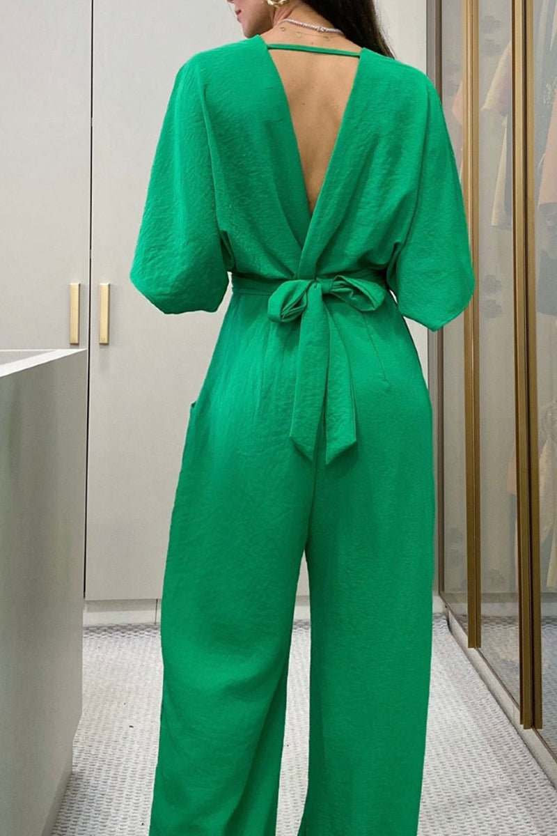 Elegant Solid Frenulum Backless V Neck Loose Jumpsuits - Image 4