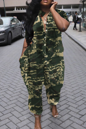 Casual Print Patchwork Pocket Buckle Turndown Collar Loose Jumpsuits