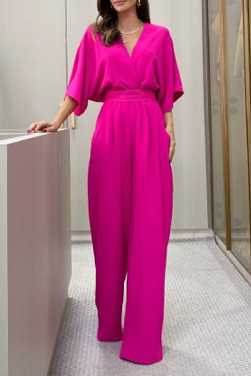 Elegant Solid Frenulum Backless V Neck Loose Jumpsuits - Image 3