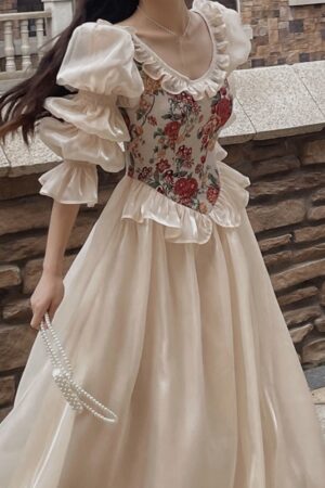 French Vintage Midi Dress Women Floral Patchwork Puff Sleeve Ruffles A-line Autumn Spring Evening Party Prom Robe Vestidos Mujer