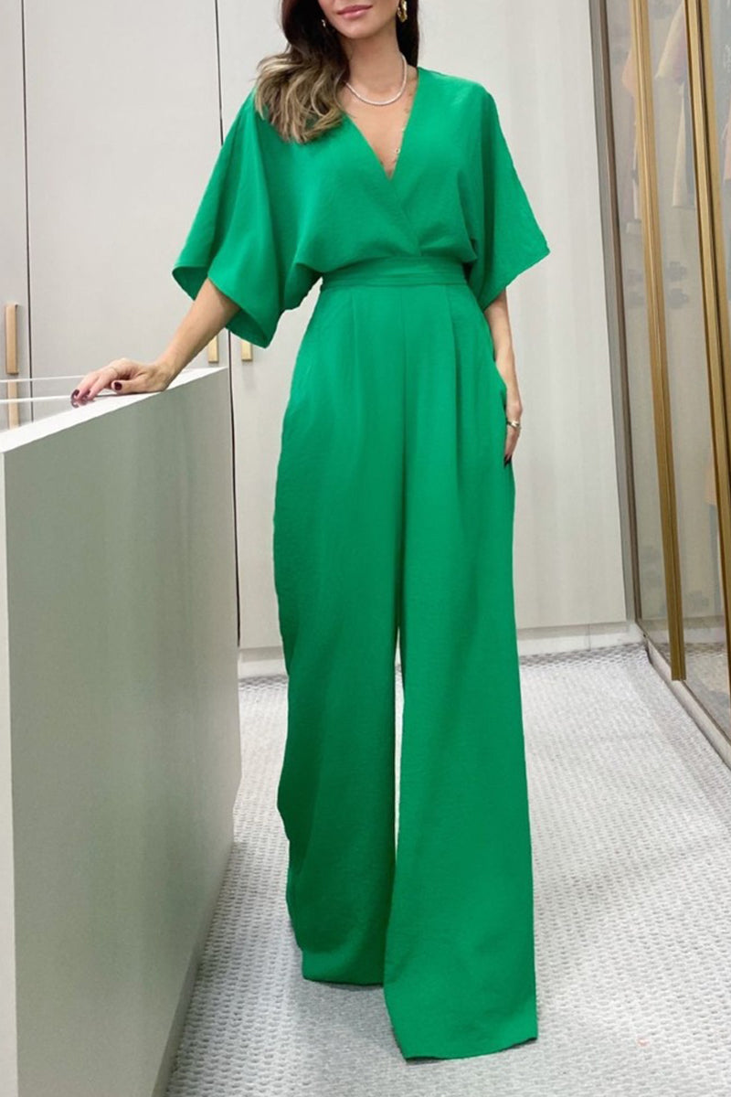 Elegant Solid Frenulum Backless V Neck Loose Jumpsuits - Image 2
